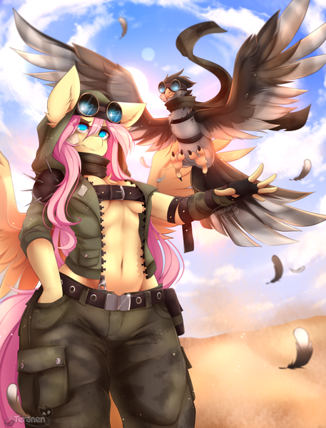 Size: 2000x2628 | Tagged: suggestive, artist:teranen, derpibooru import, part of a set, fluttershy, anthro, bird, pegasus, animal, badass, belly button, belt, breasts, cleavage, clothes, desert, epic, fantasy class, female, flutterbadass, goggles, image, jacket, mare, open clothes, open jacket, pants, png, solo, underboob, warrior