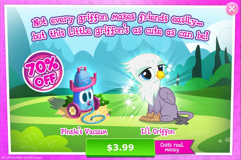 Size: 1967x1302 | Tagged: safe, derpibooru import, official, graff, gryphon, advertisement, chickub, costs real money, game, gameloft, game screencap, li'l griffon, party vacuum cleaner, vacuum cleaner