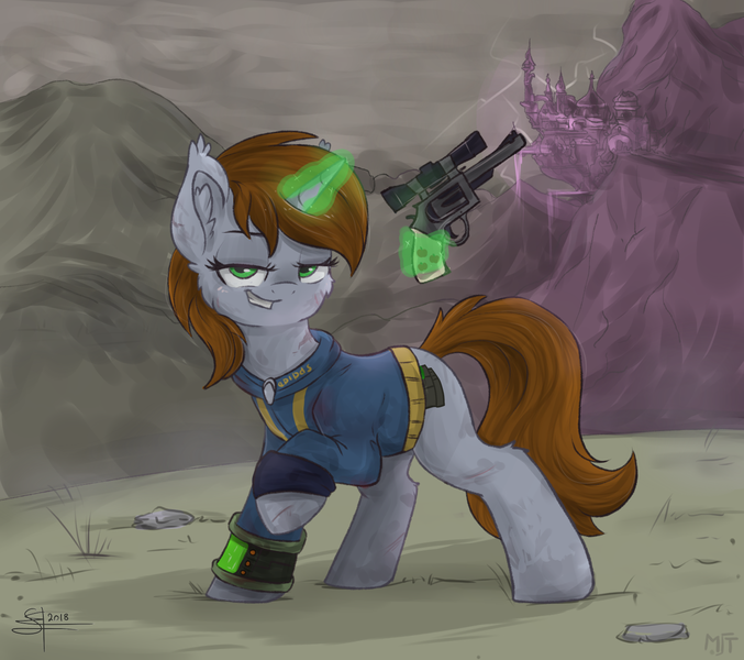 Size: 1499x1328 | Tagged: safe, artist:airfly-pony, artist:haruhi-il, derpibooru import, oc, oc:littlepip, unofficial characters only, pony, unicorn, fallout equestria, fanfic, apocalypse, blood, brown mane, brown tail, canterlot, clothes, cute, ear fluff, fallout, fanfic art, female, fluffy, glowing horn, gray coat, green eyes, ground, gun, handgun, hooves, horn, levitation, lidded eyes, little macintosh, looking at you, magic, mare, pink cloud (fo:e), pipbuck, raised hoof, rcf community, revolver, smiling, solo, stone, teeth, telekinesis, vault suit, wasteland, weapon