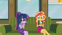 Size: 937x525 | Tagged: safe, derpibooru import, edit, edited screencap, screencap, sci-twi, sunset shimmer, twilight sparkle, equestria girls, equestria girls series, text support, amused, animated, chocolate, chocolate milk, comic sans, couch, evil, flailing, geode of empathy, geode of telekinesis, legs, magical geodes, milk, panic, pure unfiltered evil, sci-twi's nightmare, sitting, smug, text support: sunset shimmer, texting, unamused