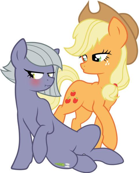 Size: 3138x3904 | Tagged: safe, artist:mikoneerd, derpibooru import, applejack, limestone pie, pony, applestone, blushing, female, lesbian, shipping, simple background, transparent background