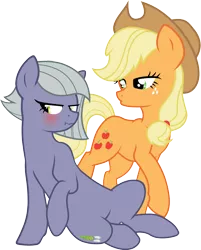 Size: 3138x3904 | Tagged: safe, artist:mikoneerd, derpibooru import, applejack, limestone pie, pony, applestone, blushing, female, lesbian, shipping, simple background, transparent background