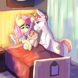 Size: 894x894 | Tagged: source needed, safe, artist:spazzyhippie, derpibooru import, fluttershy, oc, oc:lucky charm, pegasus, pony, unicorn, baby, baby pony, bed, blanket, canon x oc, colt, cute, digital art, female, flucky, foal, hospital, hospital bed, male, married couple, new parents, newborn, offspring, parent:fluttershy, parent:oc:lucky charm, parents:canon x oc, parents:flucky, shipping, straight, swaddling