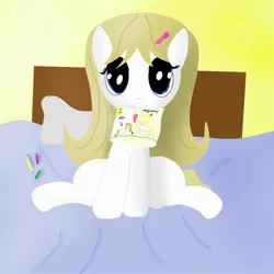 Size: 2000x2000 | Tagged: safe, artist:hamsandwich, derpibooru import, oc, pony, bed, big eyes, blue eyes, bow, crayons, crude drawing, cute, female, filly, simple background, solo, white fur, yellow background