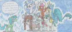 Size: 2209x992 | Tagged: safe, artist:nephilim rider, derpibooru import, gallus, ocellus, sandbar, silverstream, smolder, yona, oc, oc:sparkbolt, classical hippogriff, gryphon, hippogriff, pony, student six, traditional art