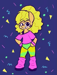 Size: 589x766 | Tagged: safe, artist:typhwosion, derpibooru import, applejack, pony, semi-anthro, 80s, alternate hairstyle, bipedal, cute, hooves on hips, jackabetes, leg warmers, smiling, solo, wristband