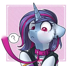 Size: 900x827 | Tagged: suggestive, artist:trickate, derpibooru import, pinkie pie, oc, oc:aqua jewel, unofficial characters only, earth pony, pony, unicorn, bracelet, clothes, confused, dominant pov, fetish, frown, jewelry, leash, purple mane, question mark, red eyes, shirt, solo, t-shirt, white coat, ych result