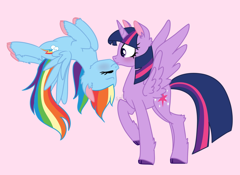 Size: 2048x1489 | Tagged: safe, artist:solareflares, derpibooru import, rainbow dash, twilight sparkle, twilight sparkle (alicorn), alicorn, pegasus, pony, blushing, chest fluff, ear fluff, female, flying, kissing, lesbian, mare, pink background, raised leg, shipping, simple background, spiderman kiss, spread wings, surprise kiss, surprised, twidash, unshorn fetlocks, upside down, wingboner, wings