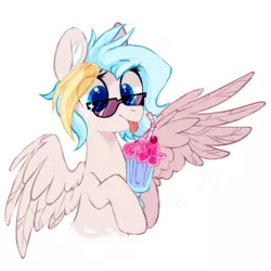 Size: 1000x1000 | Tagged: source needed, safe, artist:mirtash, derpibooru import, oc, oc:teacup cake, unofficial characters only, pegasus, pony, :p, cute, freckles, glasses, milkshake, ocbetes, rcf community, silly, simple background, solo, sunglasses, tongue out, white background