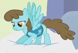 Size: 364x251 | Tagged: safe, derpibooru import, screencap, chocolate blueberry, sassaflash, pegasus, pony, winter wrap up, background pony, brown mane, cropped, crouching, female, lidded eyes, looking down, mare, recolor, snow, solo, spread wings, weather team, wings, winter wrap up vest