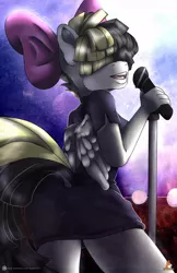 Size: 828x1280 | Tagged: anthro, artist:gingerbreadarts, clothes, derpibooru import, female, hair over eyes, microphone, my little pony: the movie, open mouth, safe, singing, solo, songbird serenade, stage