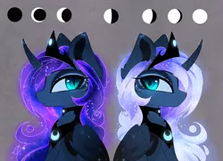 Size: 1842x1337 | Tagged: safe, artist:magnaluna, derpibooru import, princess luna, alicorn, pony, alternate hairstyle, alternate universe, female, full moon, mare, moon, new moon, simple background, solo