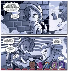 Size: 1004x1056 | Tagged: safe, artist:tonyfleecs, derpibooru import, idw, fluttershy, rarity, pony, unicorn, spoiler:comic, spoiler:comic66, black and white, clothes, comic, cropped, female, grayscale, hat, mare, monochrome, movie, noir, official comic, speech bubble, trenchcoat