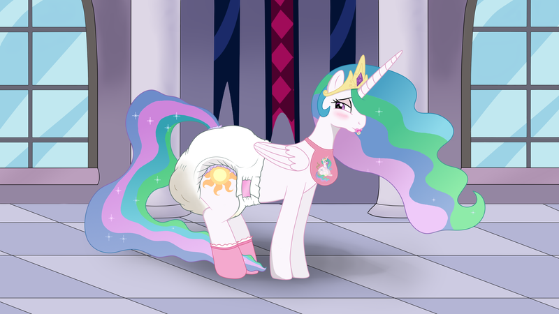 Size: 3200x1800 | Tagged: questionable, alternate version, artist:hodgepodgedl, derpibooru import, princess celestia, alicorn, pony, abdl, adult foal, bib, blushing, booties, cutie mark, diaper, diaper fetish, female, fetish, lidded eyes, messy diaper, pacifier, poofy diaper, poop, poopy diaper, scat, solo, solo female