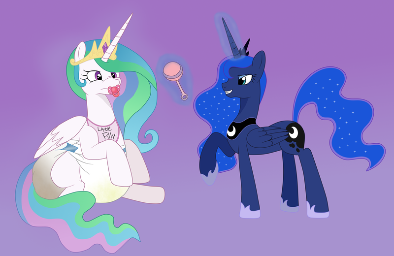 Size: 2740x1780 | Tagged: questionable, artist:hodgepodgedl, derpibooru import, princess celestia, princess luna, alicorn, pony, adult foal, bib, cute, cutelestia, diaper, diaper fetish, duo, duo female, female, fetish, magic, messy diaper, pacifier, poofy diaper, poop, poopy diaper, rattle, scat, sisters, telekinesis, toy, urine, wet diaper