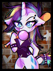 Size: 768x1024 | Tagged: safe, artist:akushinutchi, derpibooru import, rarity, pony, semi-anthro, unicorn, alternate hairstyle, baseball bat, bracelet, bubblegum, chromatic aberration, clothes, female, food, gum, jacket, jewelry, leather jacket, looking at you, mare, punk, raripunk, solo, spiked wristband, wristband