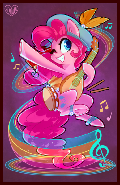 Size: 1200x1854 | Tagged: safe, artist:meekcheep, derpibooru import, pinkie pie, earth pony, pony, bard, bard pie, drumsticks, fantasy class, feather, female, hat, jingle bells, lute, mare, music notes, musical instrument, solo, tambourine
