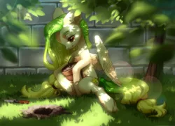 Size: 2351x1700 | Tagged: safe, artist:aphphphphp, derpibooru import, oc, unofficial characters only, pegasus, pony, dappled sunlight, female, flower pot, mare, plant, solo, trowel