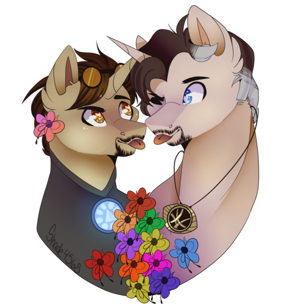 Size: 1024x1072 | Tagged: safe, artist:shade4568, derpibooru import, ponified, pony, bust, doctor strange, flower, gay, heart eyes, male, marvel, mlem, portrait, shipping, silly, simple background, tongue out, tony stark, transparent background, wingding eyes