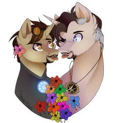 Size: 1024x1072 | Tagged: safe, artist:shade4568, derpibooru import, ponified, pony, bust, doctor strange, flower, gay, heart eyes, male, marvel, mlem, portrait, shipping, silly, simple background, tongue out, tony stark, transparent background, wingding eyes