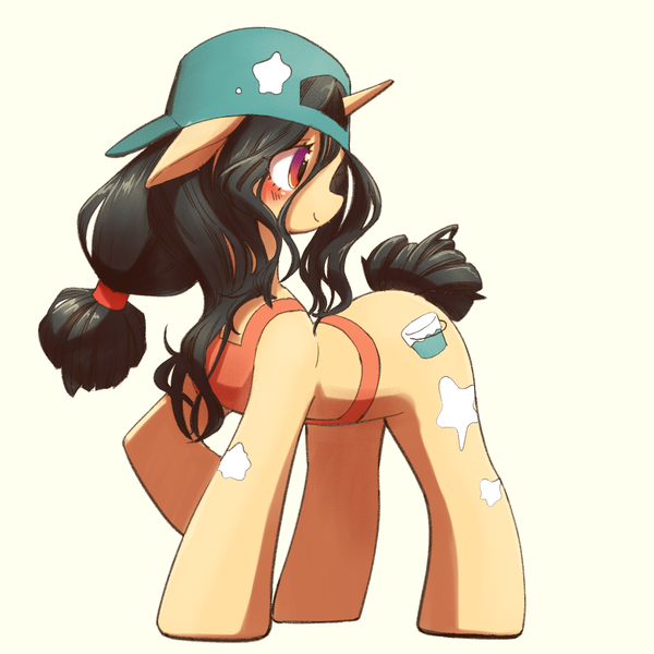 Size: 1000x1000 | Tagged: safe, artist:unousaya, derpibooru import, fresh coat, pony, unicorn, apron, backwards ballcap, baseball cap, blushing, cap, clothes, female, floppy ears, hat, looking back, mare, paint on fur, smiling, solo