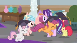 Size: 1600x900 | Tagged: safe, derpibooru import, edit, edited screencap, screencap, apple bloom, cozy glow, scootaloo, starlight glimmer, sweetie belle, earth pony, pegasus, pony, unicorn, marks for effort, a better ending for cozy, adorabloom, cute, cutealoo, cutie mark crusaders, diasweetes, excited, female, filly, graduation cap, happy, hat, mare, open mouth, prancing