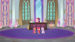 Size: 1600x900 | Tagged: safe, derpibooru import, screencap, apple bloom, scootaloo, sweetie belle, twilight sparkle, twilight sparkle (alicorn), alicorn, pony, marks for effort, cutie mark crusaders, desk, female, filly, foal, in trouble, magic, mare, school of friendship, telekinesis, twilight's office