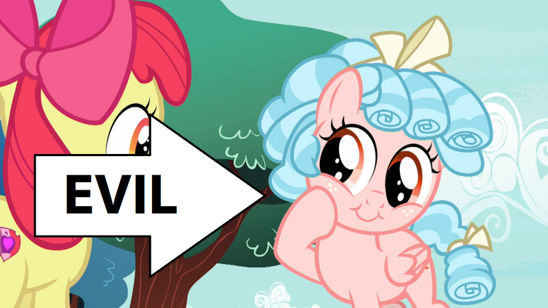 Size: 1280x720 | Tagged: safe, derpibooru import, edit, edited screencap, screencap, apple bloom, cozy glow, pegasus, pony, marks for effort, bow, caption arrow, cozy glow is best facemaker, cozybetes, cute, evil, female, filly, foal, hair bow, hilarious in hindsight, image, op was right, png, pure concentrated unfiltered evil of the utmost potency, pure unfiltered evil, ringlets, tail bow, tree, truth