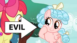 Size: 1280x720 | Tagged: safe, derpibooru import, edit, edited screencap, screencap, apple bloom, cozy glow, pegasus, pony, marks for effort, bow, caption arrow, cozy glow is best facemaker, cozybetes, cute, evil, female, filly, foal, hair bow, hilarious in hindsight, image, op was right, png, pure concentrated unfiltered evil of the utmost potency, pure unfiltered evil, ringlets, tail bow, tree, truth