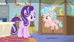 Size: 1600x900 | Tagged: safe, derpibooru import, screencap, cozy glow, starlight glimmer, pegasus, pony, unicorn, marks for effort, chocolate, cozybetes, cute, excited, female, filly, flying, food, guidance counselor, hot chocolate, starlight's office