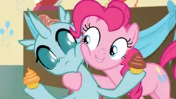 Size: 1280x720 | Tagged: safe, derpibooru import, screencap, ocellus, pinkie pie, changedling, changeling, earth pony, pony, marks for effort, cheek squish, cupcake, cute, dessert, diaocelles, duo, duo female, female, food, squishy cheeks
