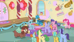 Size: 1600x900 | Tagged: safe, derpibooru import, screencap, auburn vision, berry blend, berry bliss, citrine spark, fire quacker, gallus, huckleberry, november rain, ocellus, peppermint goldylinks, pinkie pie, scootaloo, yona, changedling, changeling, earth pony, gryphon, pegasus, pony, yak, marks for effort, bagpipes, balloon, cupcake, female, food, french horn, friendship student, horn, keyboard, male, mare, musical instrument, school of friendship, stallion, trombone