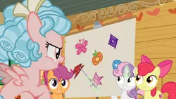 Size: 1600x900 | Tagged: safe, derpibooru import, screencap, apple bloom, cozy glow, scootaloo, sweetie belle, pony, marks for effort, cutie mark crusaders, element of generosity, element of honesty, element of kindness, element of laughter, element of loyalty, element of magic, elements of harmony, female, filly, foreshadowing