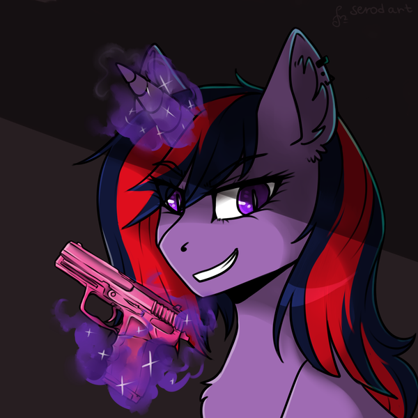 Size: 1500x1500 | Tagged: safe, artist:serodart, derpibooru import, oc, oc:lina phantom, pony, unicorn, bust, glowing horn, gun, horn, magic, not twilight sparkle, solo, telekinesis, unicorn oc, weapon