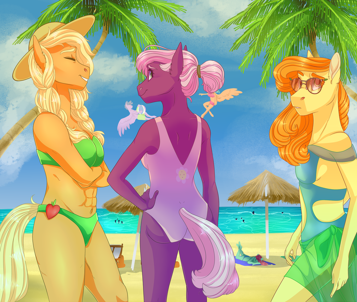 Size: 1024x868 | Tagged: suggestive, artist:loladotz, derpibooru import, applejack, carrot top, cheerilee, golden harvest, anthro, earth pony, abs, ass, beach, bikini, breasts, clothes, digital art, female, glasses, mare, ocean, sand, speedpaint available, sunglasses, swimsuit, trio, trio female