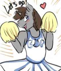 Size: 1280x1506 | Tagged: safe, artist:mrscurlystyles, derpibooru import, oc, oc:disty, anthro, unicorn, cheering, cheerleader, cheerleader outfit, crossdressing, cute, heart, male, male cheerleader, pom pom, smiling, stallion