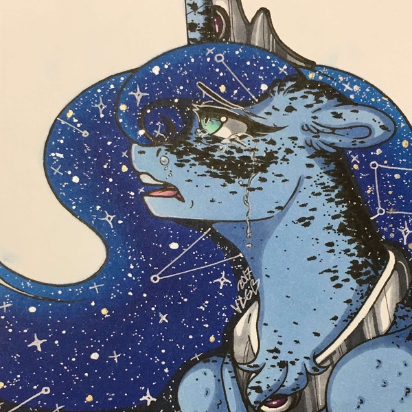 Size: 1280x1280 | Tagged: safe, artist:nightmare-moons-throneroom, derpibooru import, princess luna, alicorn, pony, chest fluff, constellation, crying, dappled, ethereal mane, female, jewelry, mare, open mouth, regalia, simple background, solo, starry mane, white background