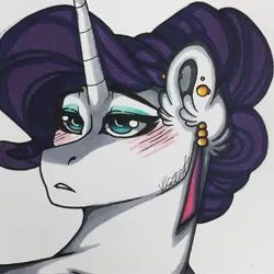 Size: 1280x1280 | Tagged: safe, artist:nightmare-moons-throneroom, derpibooru import, rarity, crystal pony, pony, alternate hairstyle, blushing, crystal rarity, ear piercing, earring, eyeshadow, female, jewelry, makeup, mare, piercing, simple background, solo, white background