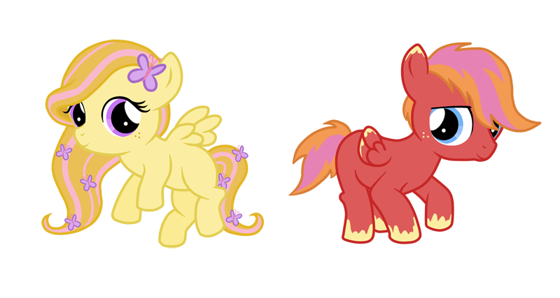 Size: 800x427 | Tagged: safe, artist:teddy-beard, derpibooru import, oc, unofficial characters only, pegasus, pony, blank flank, colt, duo, female, filly, flower, flower in hair, freckles, male, offspring, parent:big macintosh, parent:fluttershy, parents:fluttermac, simple background, transparent background, unshorn fetlocks