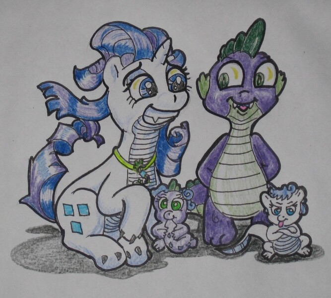 Size: 1009x908 | Tagged: safe, artist:hillbe, derpibooru import, rarity, spike, oc, dracony, dragon, hybrid, dragonified, female, foal, full body, interspecies offspring, male, offspring, parent:rarity, parent:spike, parents:sparity, shipping, sitting, sparity, species swap, standing, straight, traditional art