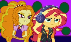 Size: 1800x1059 | Tagged: safe, artist:ktd1993, artist:mixiepie, artist:thebarsection, derpibooru import, adagio dazzle, sunset shimmer, equestria girls, equestria girls series, clothes, evil grin, female, frown, geode of empathy, grin, headband, headphones, jacket, jewelry, leather jacket, lesbian, magical geodes, pendant, shipping, smiling, sunsagio