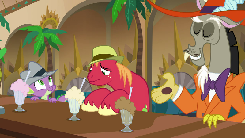 Size: 1280x720 | Tagged: safe, derpibooru import, screencap, big macintosh, discord, spike, draconequus, dragon, earth pony, pony, the break up breakdown, bar, chocolate milkshake, fedora, hat, male, milkshake, spoiler, stallion, zoot suit