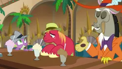 Size: 1280x720 | Tagged: safe, derpibooru import, screencap, big macintosh, discord, spike, draconequus, dragon, earth pony, pony, the break up breakdown, bar, chocolate milkshake, fedora, hat, male, milkshake, spoiler, stallion, zoot suit