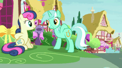 Size: 800x450 | Tagged: safe, derpibooru import, screencap, bon bon, lyra heartstrings, sweetie drops, earth pony, pony, unicorn, the break up breakdown, adorabon, animated, best friends, cartoon physics, cute, do ships need sails, female, gif, hammerspace, hearts and hooves day, hug, lesbian, lyrabetes, lyrabon, mare, nuzzling, present, shipping, smiling