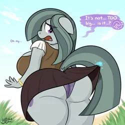 Size: 1000x1000 | Tagged: suggestive, artist:glimglam, derpibooru import, marble pie, anthro, earth pony, big breasts, bracelet, breasts, busty marble pie, clothes, cute, dialogue, dock, female, floppy ears, jewelry, looking back, magic, marblebetes, marblebutt, miniskirt, open mouth, panties, plump, shortstack, skirt, skirt lift, skirt pull, solo, striped underwear, telekinesis, the ass was fat, thighs, underwear, upskirt