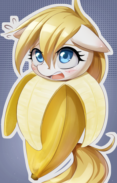 Size: 2033x3181 | Tagged: artist:aryanne, aryan, aryanbetes, aryan pony, banana, bananaryanne, cat, clothes, colored pupils, costume, cute, derpibooru import, female, floppy ears, food, fruit, gradient background, meme, nazipone, oc, oc:aryanne, peel, safe, unhappy, unofficial characters only