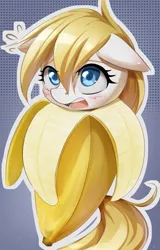 Size: 2033x3181 | Tagged: artist:aryanne, aryan, aryanbetes, aryan pony, banana, bananaryanne, cat, clothes, colored pupils, costume, cute, derpibooru import, female, floppy ears, food, fruit, gradient background, meme, nazipone, oc, oc:aryanne, peel, safe, unhappy, unofficial characters only