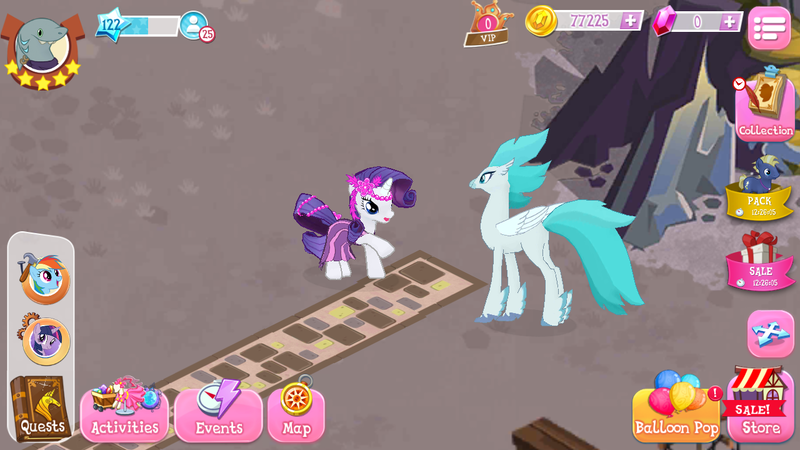 Size: 1280x720 | Tagged: safe, derpibooru import, rainbow dash, rarity, star tracker, twilight sparkle, classical hippogriff, hippogriff, pony, unicorn, background hippogriff, clothes, dress, duo, feathered fetlocks, female, game screencap, gameloft, klugetown, mare