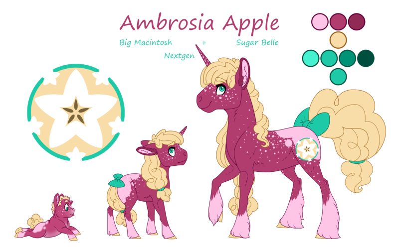 Size: 4000x2500 | Tagged: safe, artist:jackiebloom, derpibooru import, oc, oc:ambrosia apple, pony, unicorn, age progression, baby, baby pony, female, filly, foal, mare, offspring, parent:big macintosh, parent:sugar belle, parents:sugarmac, reference sheet, simple background, socks (coat marking), transparent background