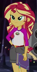 Size: 235x449 | Tagged: safe, derpibooru import, edit, edited screencap, screencap, flash sentry, sunset shimmer, comic:a new change, equestria girls, legend of everfree, book, camp everfree outfits, cropped, hand on butt, legend you were meant to be, lidded eyes, looking at you, pregnant, pregnant edit, solo, teen pregnancy